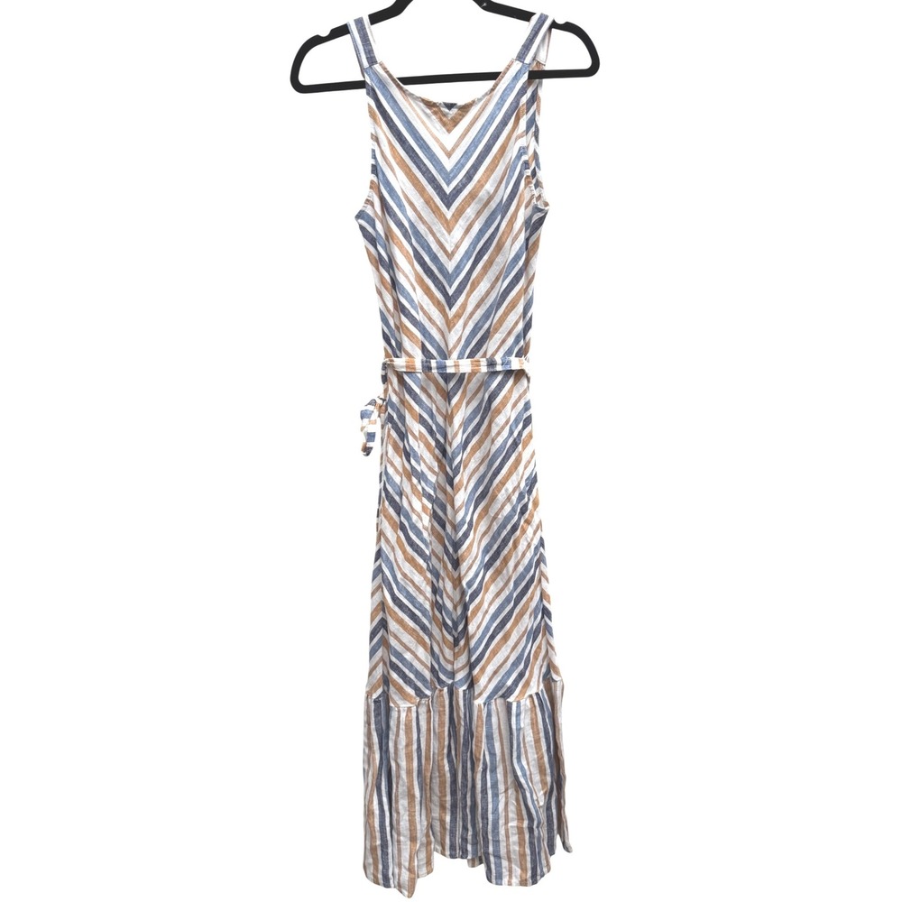 Charlie B Striped 100% Linen Maxi Dress Medium Sleeveless Blue Tan Tie Wasit - Picture 3 of 8